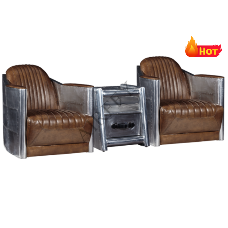 OEM/ODM Retro Brown Office Aviator Genuine Leather Accent Chair Loveseat Sofa Chair for Leather & Aluminum Aviator Armchair