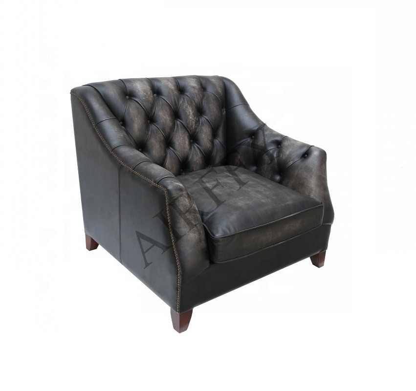 AIRFFY OEM/ODM Antique Black Leather couch Button Tufted Upholstered Leather Sofa set for Villa Living room Hotel Club Furniture