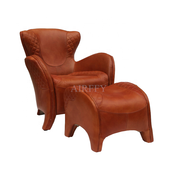 Classic Fur leather and Top Grain Cowhide Leisure Sling Chair with Stirrup and Ottoman for Living room