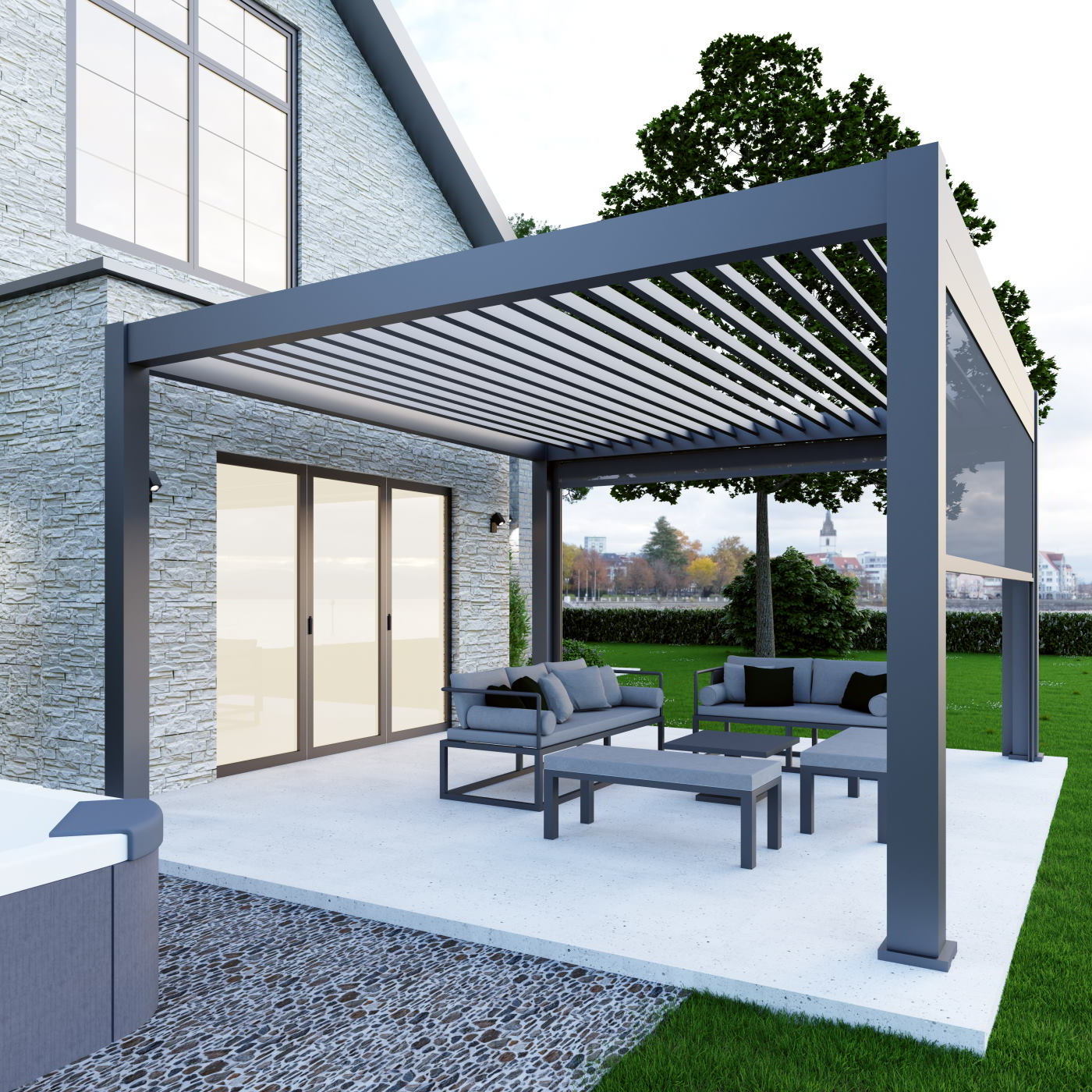 Outdoor aluminium pergola Garden Permanent Automatic Vented Roof Gazebo Canopy With Glass Door and Curtains