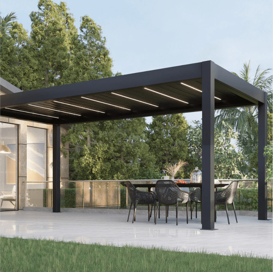 Outdoor aluminium pergola Garden Permanent Automatic Vented Roof Gazebo Canopy With Glass Door and Curtains