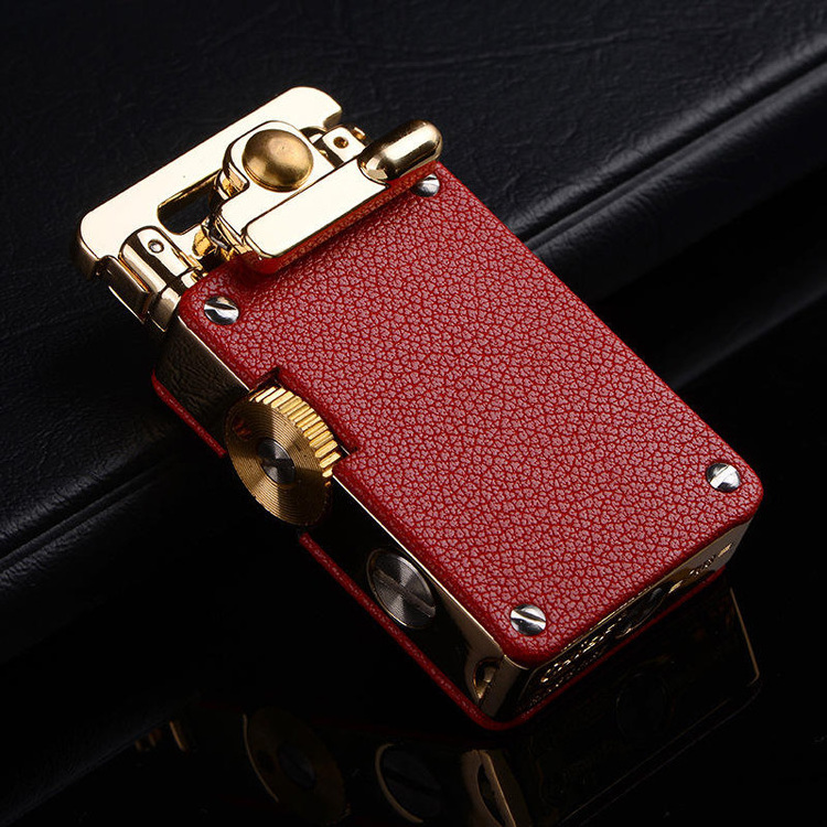 Classic carved leather Metal vintage flint oil lighter windproof rocker arm kerosene lighter