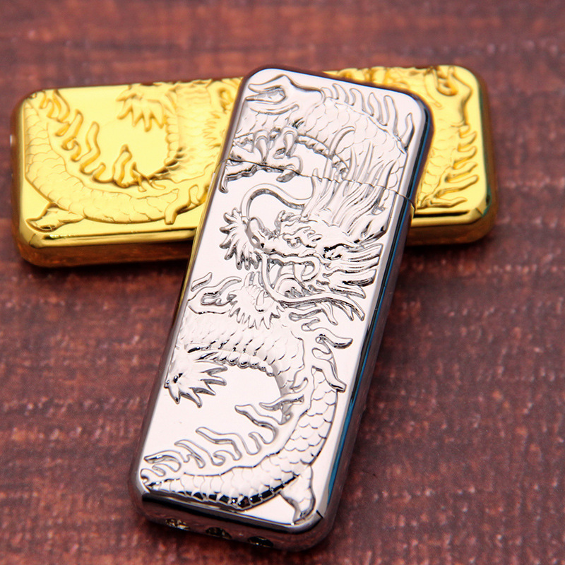 Creative full metal inflatable open flame lighter personality small emboss Gold Dragon Silver Dragon thin lighter