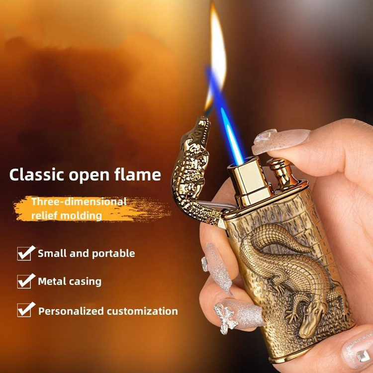 AIRO Hot Selling Jet Torch Lighters windproof Butane Gas Twin Flame Lighters Embossed crocodile replenished lighters