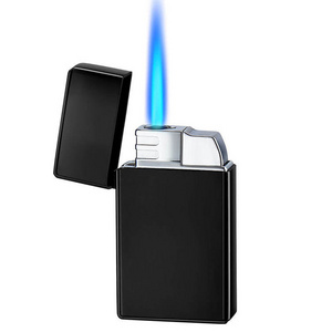 New Custom Laser Logo Lighter Rectangle Butane Refillable Metal Blue Flame Windproof Lighter