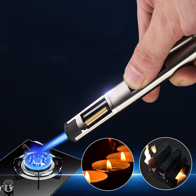 Factory Direct Supply Windproof Straight Torch Blue Flame Lighter Refillable Gas Jet Flame Butane Cigar Torch Lighter