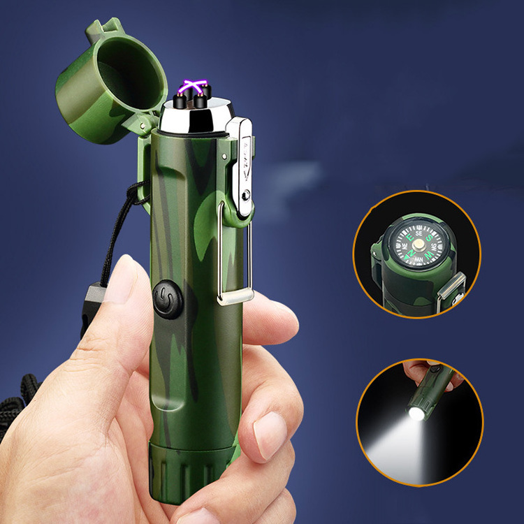 New Double arc with compass usb lighter for distress signal outdoor flashlight lighter