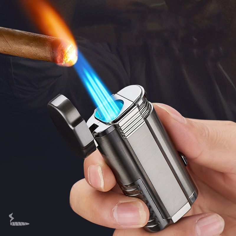 Wholesale custom inflatable torch lighter triple jet flame cigar lighter with cigar knife refillable butane gas