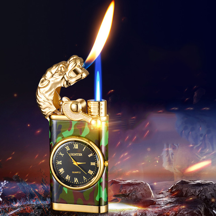 2023 Wholesale lighters with clock Creativity Crocodile/Dragon Lighter Refilling Metal Butane Double Flame Cigarette Lighter