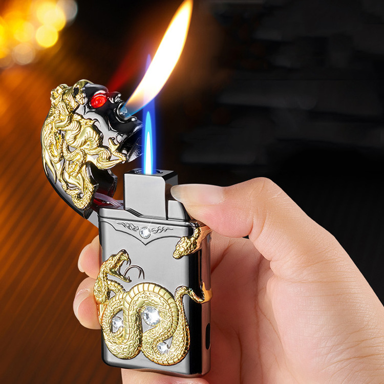 New Emboss dragon lighter metal butane windproof blue flame and open flame luxury lighter