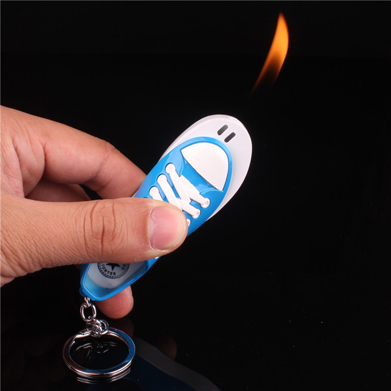 Creative canvas shoes lighter open fire lighter with key chain inflatable plastic lighter