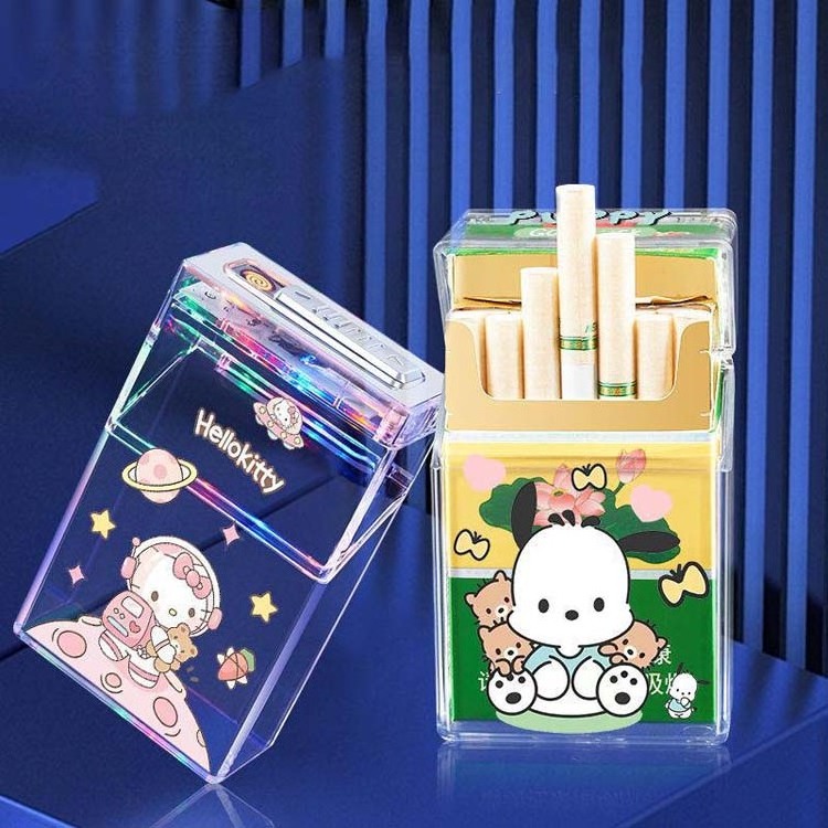 Wholesale Hello kitty kuromi puppy cigarette case rechargeable lighter 20pcs transparent cigarette box tungsten ignition