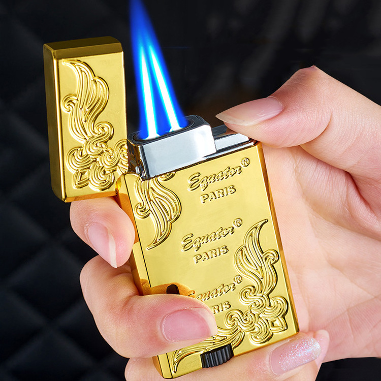 Creative Metal Double Direct Impact Inflatable Brushed Blue Flame Lighter Windproof cigar lighter