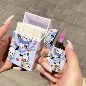 Cartoon kuromi hello kitty cigarette case and lighter set windproof gas pink flame lighter