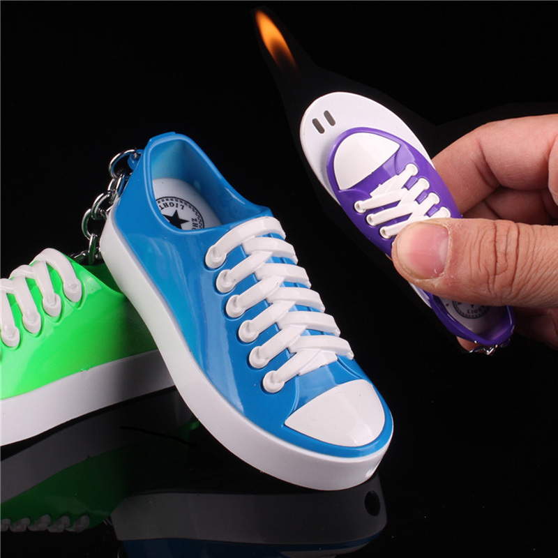 Creative canvas shoes lighter open fire lighter with key chain inflatable plastic lighter