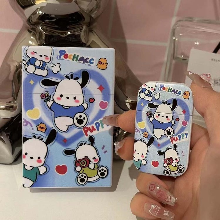 Cartoon kuromi hello kitty cigarette case and lighter set windproof gas pink flame lighter