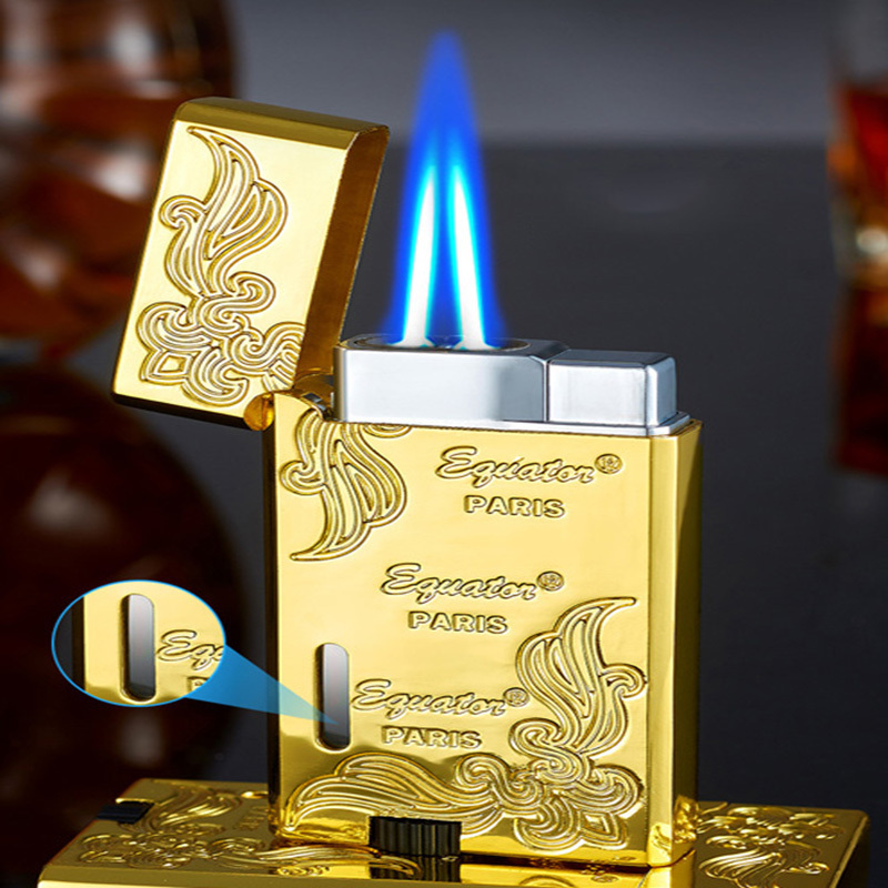 Creative Metal Double Direct Impact Inflatable Brushed Blue Flame Lighter Windproof cigar lighter