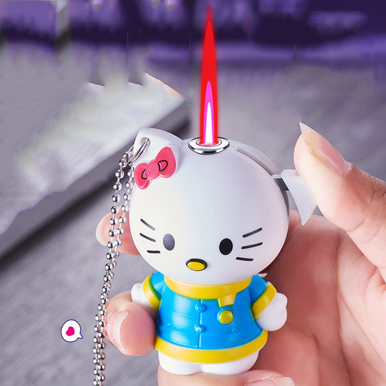 2023 Creative 3D Hello Kitty Lighter Cartoon Doll Red Flame Gas Lighter Windproof Cigarette Lighter For Girls