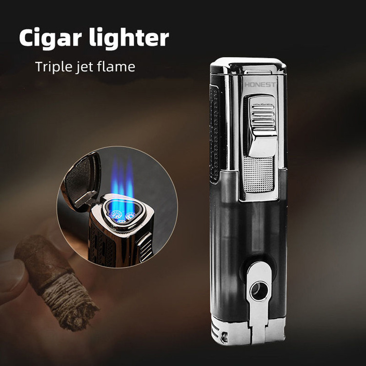 HONEST 3 Jet Flame Cigar Lighter With Cigar Punch Windproof Torch Lighter With Transparent Gas Chamber