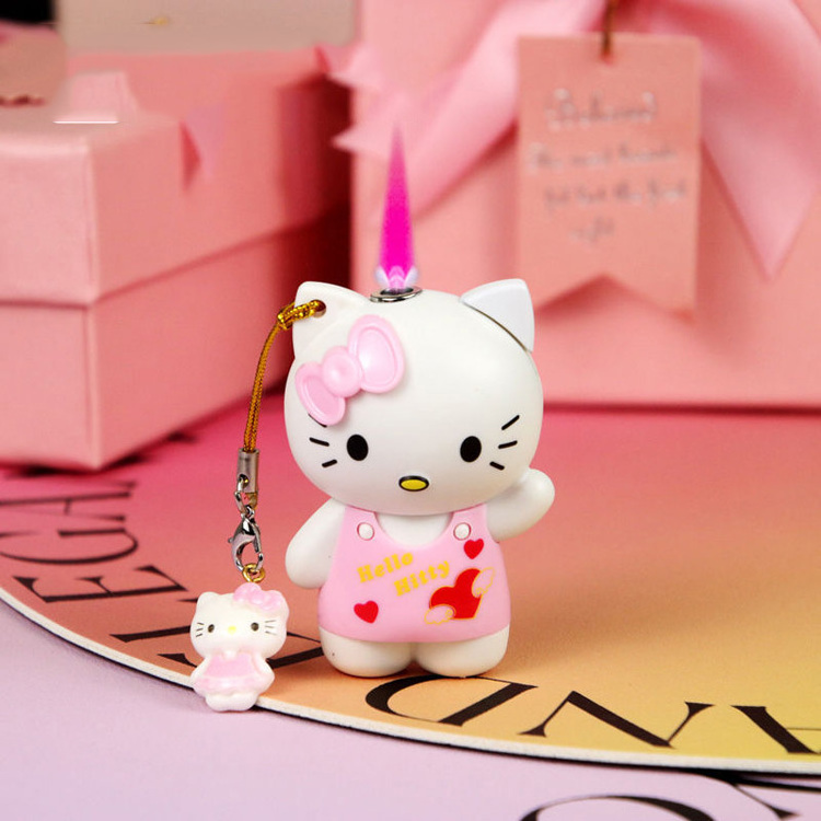 New 3D hello kitty mold lighter Cartoon keychain lighter Red Flame Gas Windproof Cigarette lighter