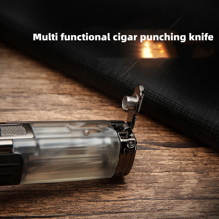 HONEST 3 Jet Flame Cigar Lighter With Cigar Punch Windproof Torch Lighter With Transparent Gas Chamber