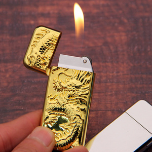 Creative full metal inflatable open flame lighter personality small emboss Gold Dragon Silver Dragon thin lighter