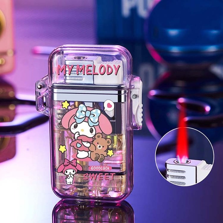 LED light transparent case lighter windproof red flame kuromi lighter hello kitty cartoon lighter