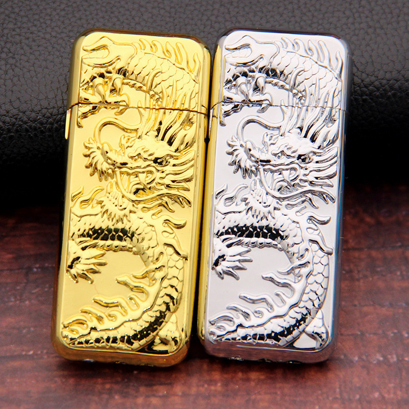 Creative full metal inflatable open flame lighter personality small emboss Gold Dragon Silver Dragon thin lighter