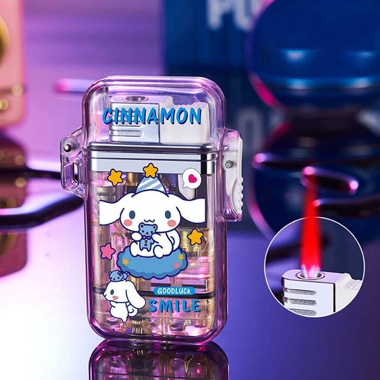 LED light transparent case lighter windproof red flame kuromi lighter hello kitty cartoon lighter