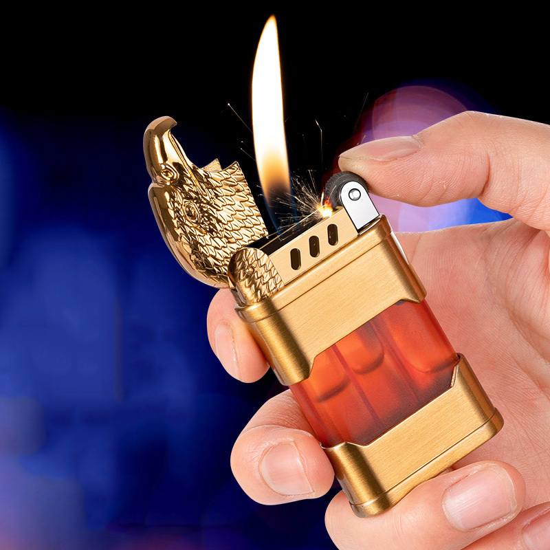 Creative eagle head transparent multi-color gas lighter retro wheel lighter metal lighter