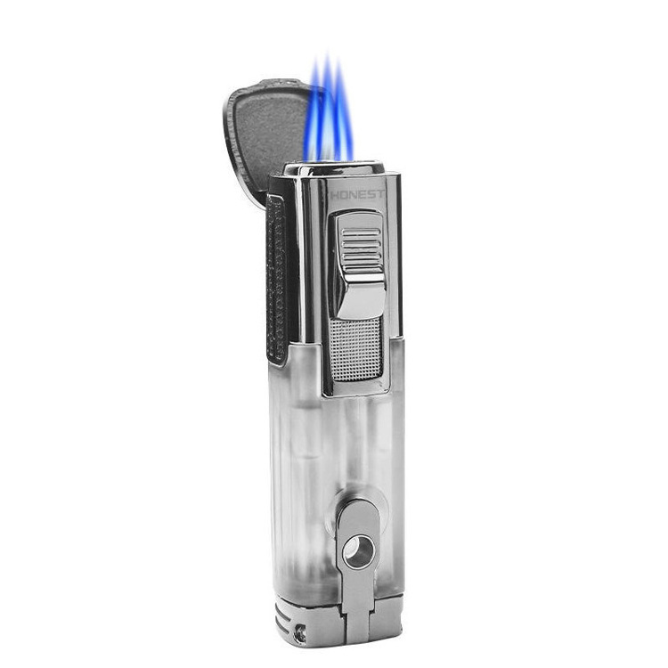 HONEST 3 Jet Flame Cigar Lighter With Cigar Punch Windproof Torch Lighter With Transparent Gas Chamber