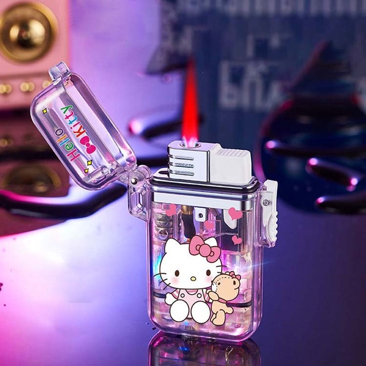 LED light transparent case lighter windproof red flame kuromi lighter hello kitty cartoon lighter