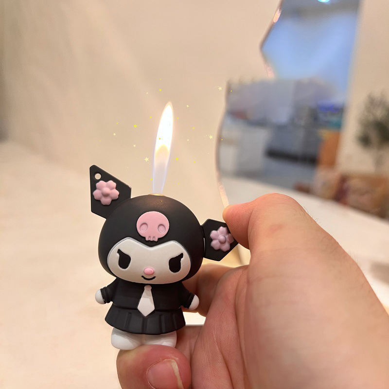 New Pink Black Purple Cute Kuromi Open Fire Gas Cigarette Lighter With Necklace Cute Lighter for Girls Gift