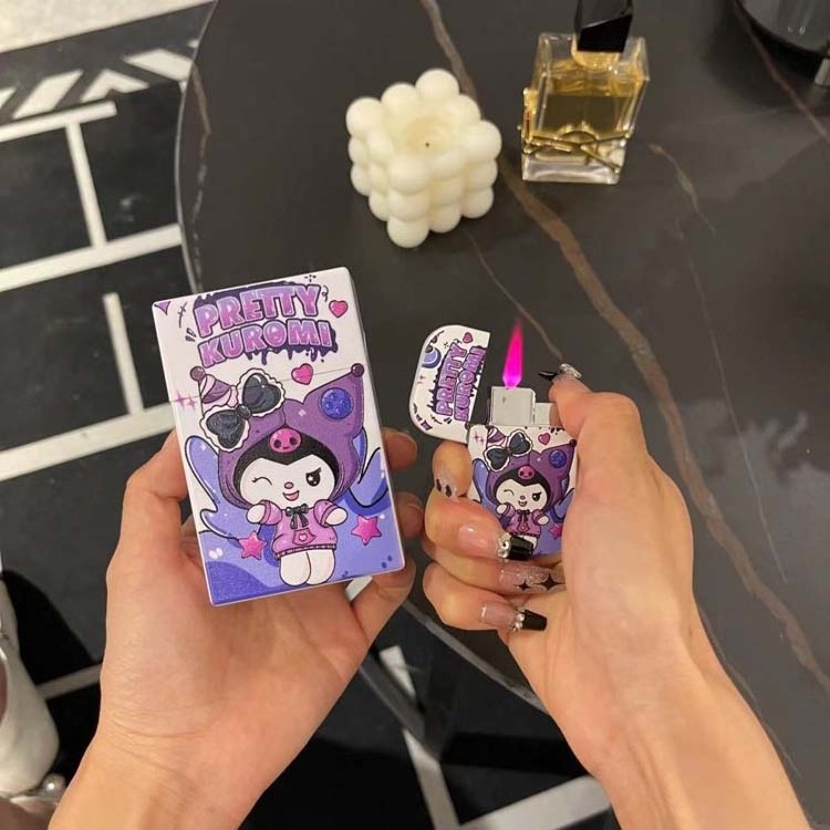 Cartoon kuromi hello kitty cigarette case and lighter set windproof gas pink flame lighter