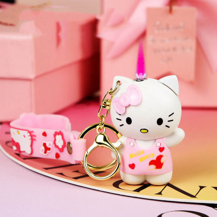 New 3D hello kitty mold lighter Cartoon keychain lighter Red Flame Gas Windproof Cigarette lighter