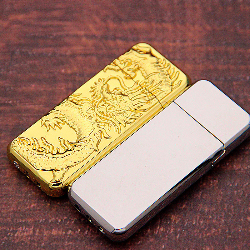 Creative full metal inflatable open flame lighter personality small emboss Gold Dragon Silver Dragon thin lighter