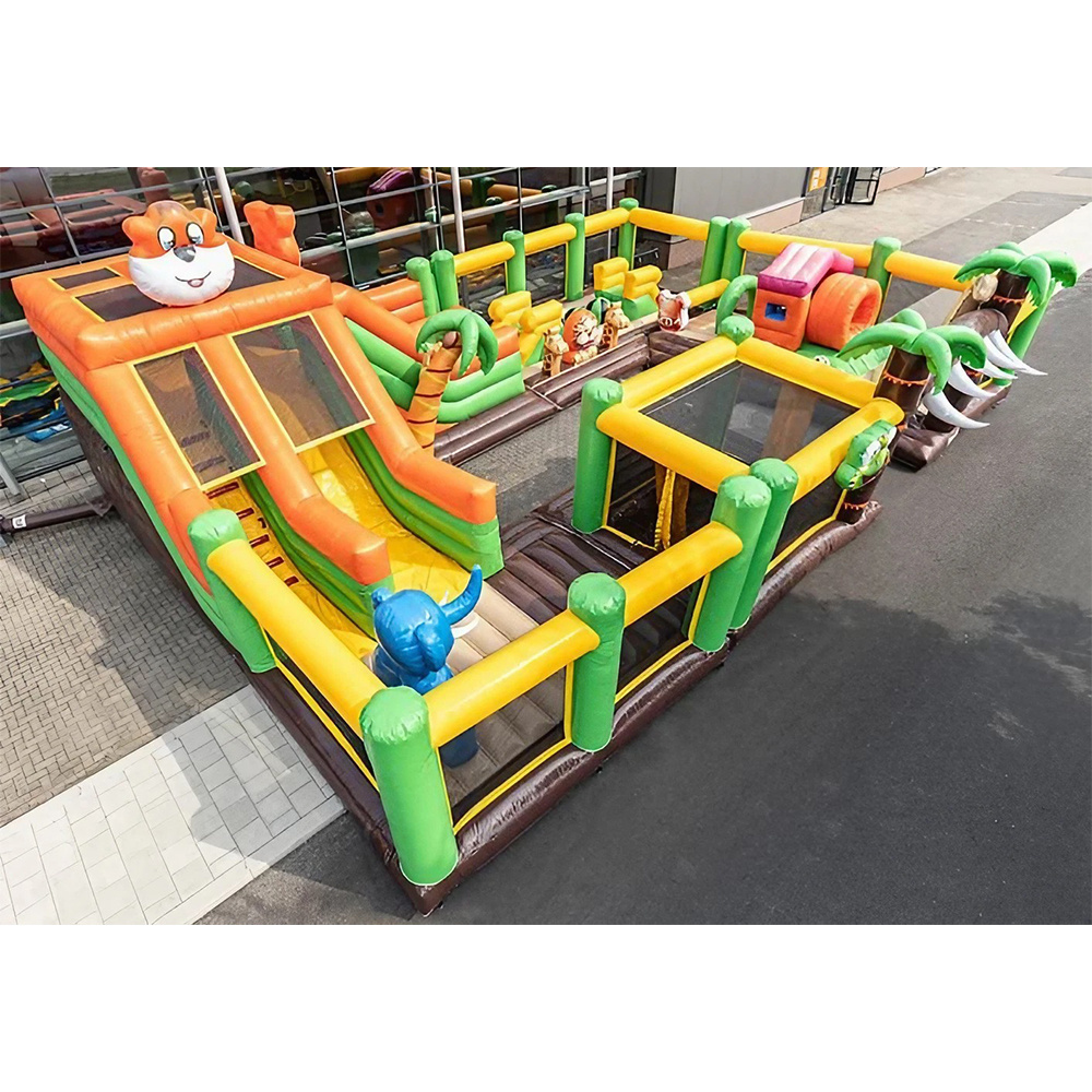 New colorful jumping bounce house inflatable zoo theme amusement park kid inflatable with tiger giraffe for outdoor