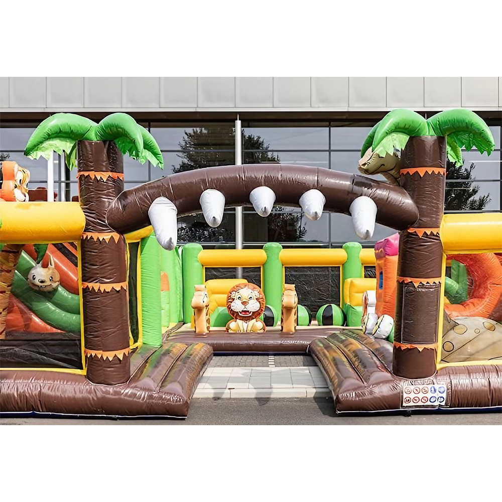 New colorful jumping bounce house inflatable zoo theme amusement park kid inflatable with tiger giraffe for outdoor