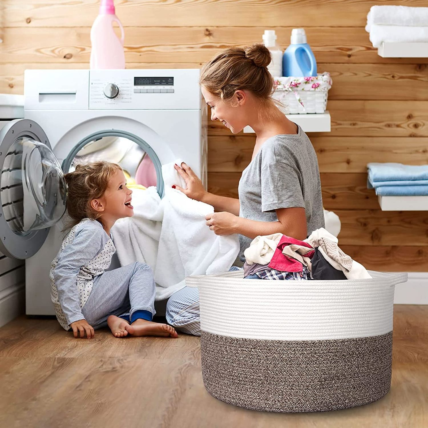 New Trend Large natural cotton rope woven big laundry basket kids toys storage bin with Two long handles