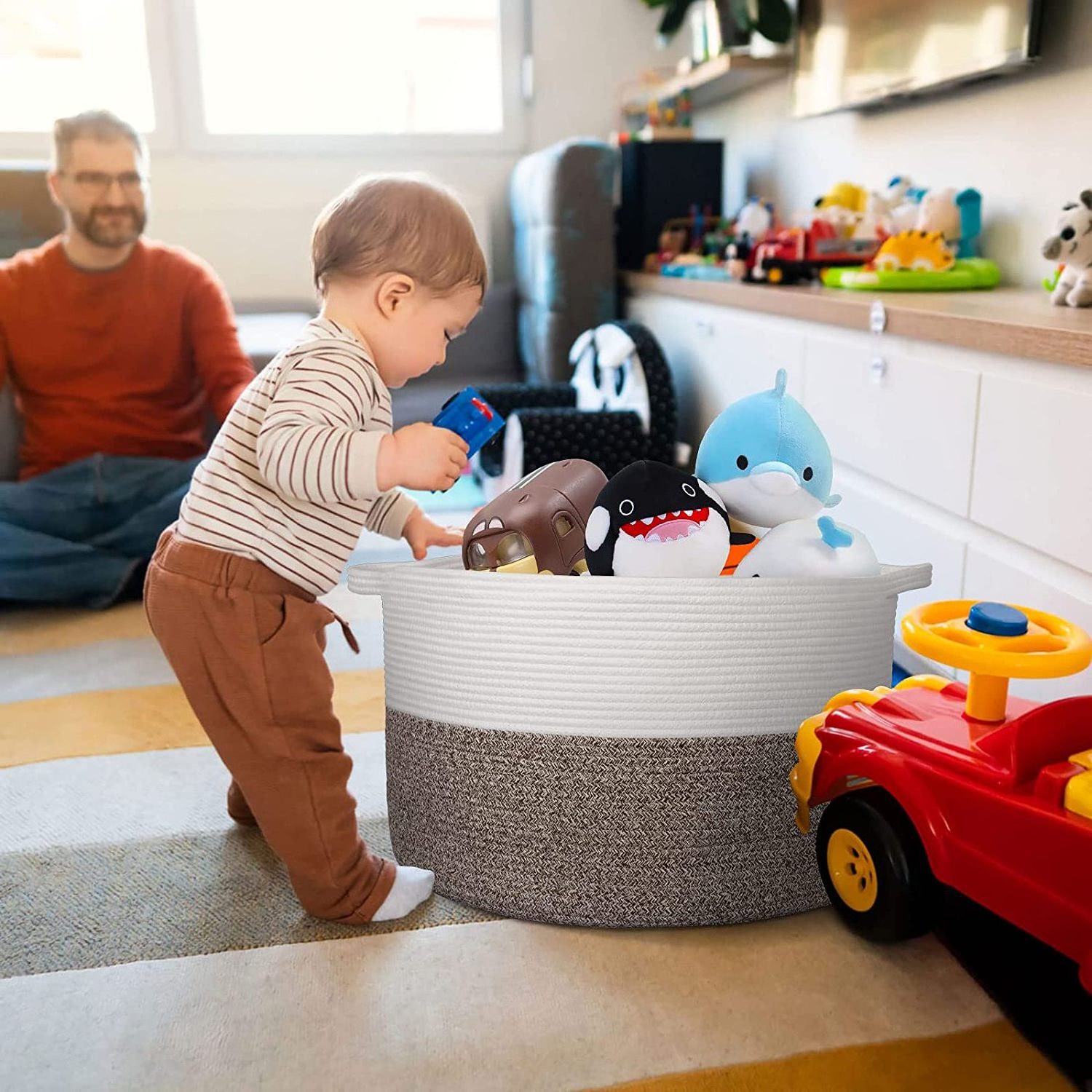 New Trend Large natural cotton rope woven big laundry basket kids toys storage bin with Two long handles