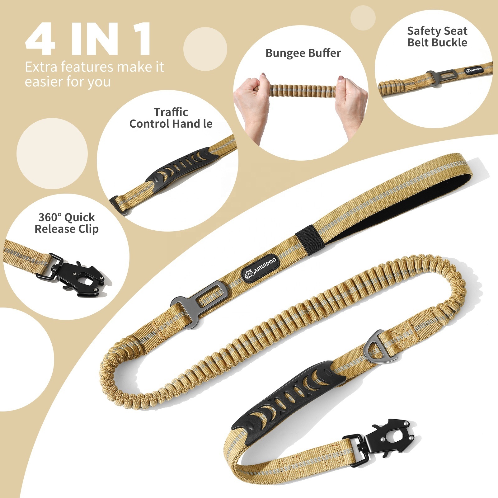 4 in 1 Pet Dog Leashes With 360 degree Quick Release Clip, Traffic Control Handle, Bungee Buffer and Safety Seat Belt Buckle