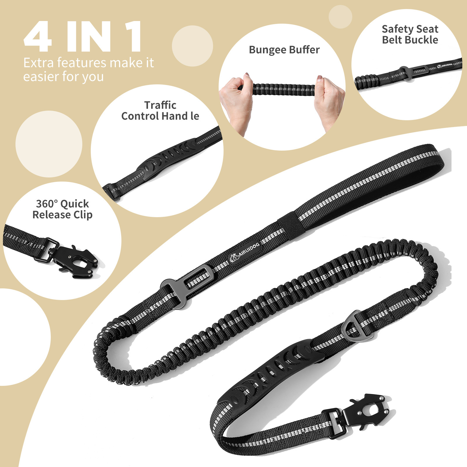 4 in 1 Pet Dog Leashes With 360 degree Quick Release Clip, Traffic Control Handle, Bungee Buffer and Safety Seat Belt Buckle