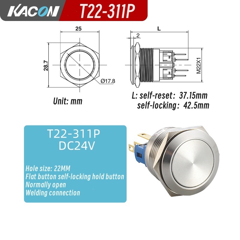 KACON metal pushbutton switch IP67 waterproof self-locking 22mm self-reset with light start key T22-311P stainless steel button