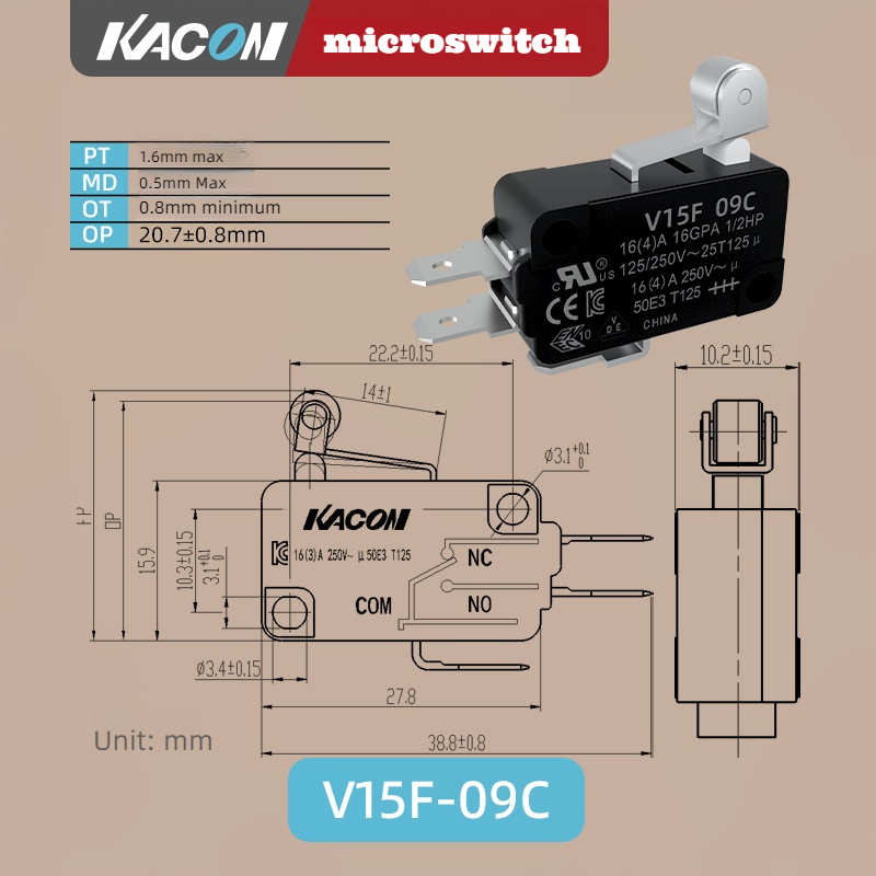 KACON small micro switch NO/NC Micro switch V15F-09C arc lever Fast action long lever type micro switch new promotion