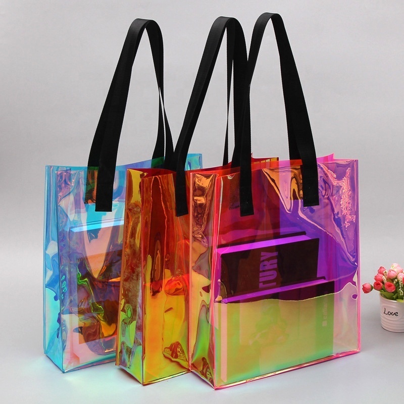 Custom Fashion Colored Neon Hologram PVC Bag Plastic Pink PVC Tote Bags Private Label Red PVC Vinyl Shoulder Shopping Bags