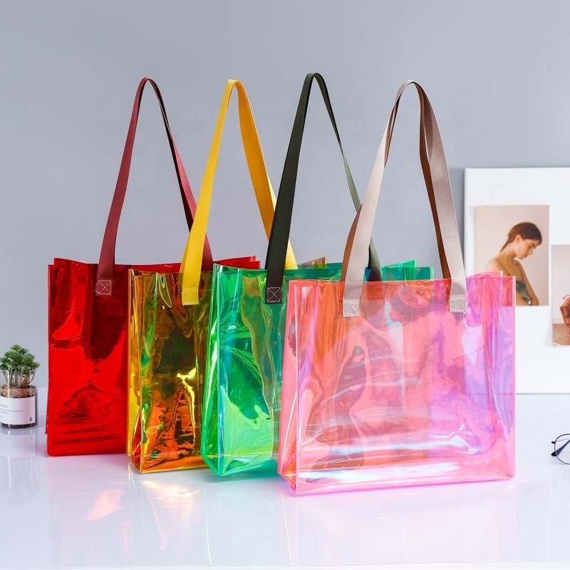 Custom Fashion Colored Neon Hologram PVC Bag Plastic Pink PVC Tote Bags Private Label Red PVC Vinyl Shoulder Shopping Bags BestSuppliers