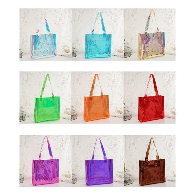 Custom Fashion Colored Neon Hologram PVC Bag Plastic Pink PVC Tote Bags Private Label Red PVC Vinyl Shoulder Shopping Bags