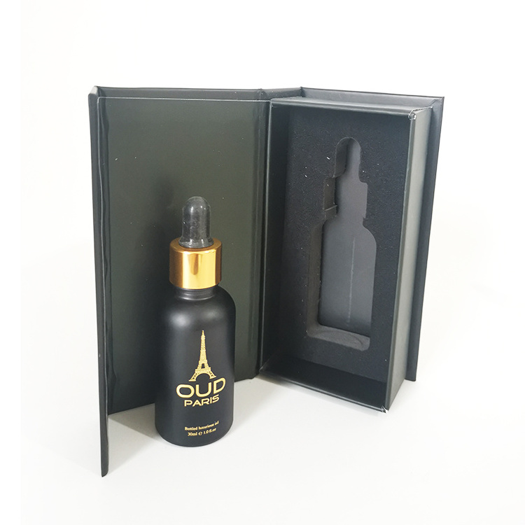 Hot sell essential oil beard oil packing 30ml frosted black glass dropper bottle with gold logo printing and square gift box