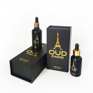 Hot sell essential oil beard oil packing 30ml frosted black glass dropper bottle with gold logo printing and square gift box