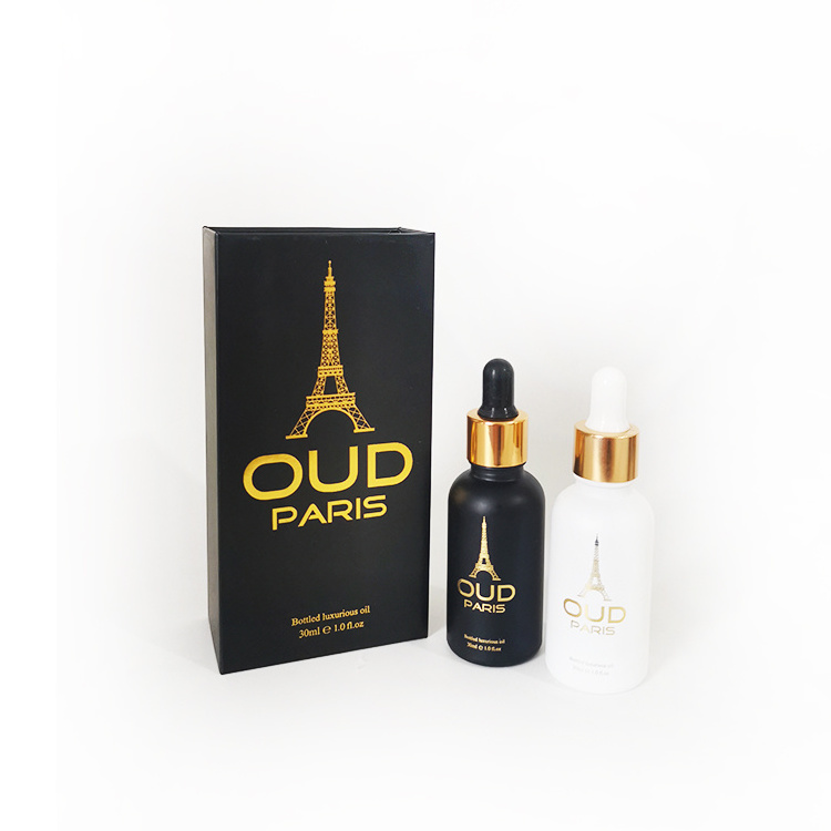 Hot sell essential oil beard oil packing 30ml frosted black glass dropper bottle with gold logo printing and square gift box